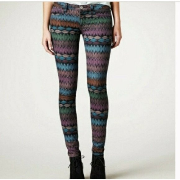 AE Stretch 0 Leaf Patterned Jegging Crop Ankle Jeans Zip Hems - Picture 1 of 10